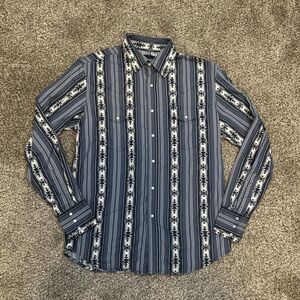Vintage Wrangler Shirt Mens Medium Blue Aztec Southwestern Cowboy Pearl Snaps
